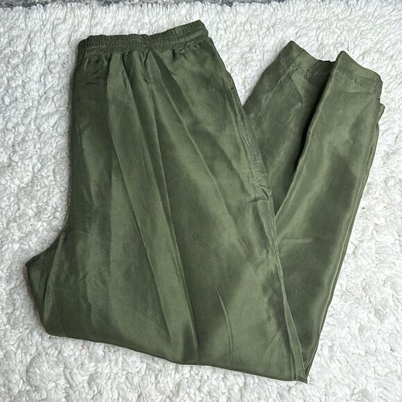Army Green 100% Silk Pull On Pants Flowy Lightweight Drawstring Dress Pants 0125 - Picture 1 of 14